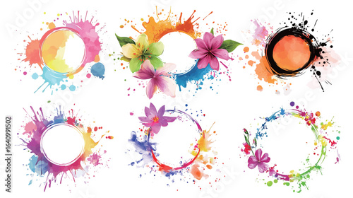 Art flowers splashes and round frame in a vibrant decorative composition, featuring colorful floral elements with paint splatter effects surrounding a circular border, ideal for invitations, posters, 
