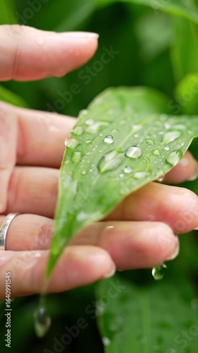 Extreme close-up macro video: vibrant dew-kissed green plant leaf with water droplets. A soft human hand gently touches it in slow motion, creating a dreamy soft bokeh background. Concept of purity