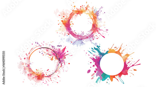 Art flowers splashes and round frame in a vibrant decorative composition, featuring colorful floral elements with paint splatter effects surrounding a circular border, ideal for invitations, posters, 