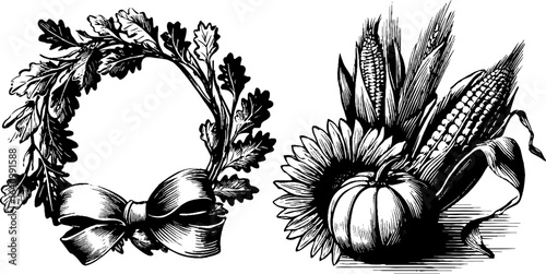 Engraved autumn wreath and harvest arrangement silhouette for seasonal design