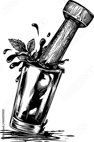 Vintage engraved illustration of bar muddler in action with liquid splash and mint leaves for beverage design