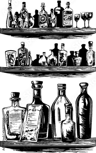 Vintage hand drawn engraved illustration of liquor bottles on bartender shelves for bar designs