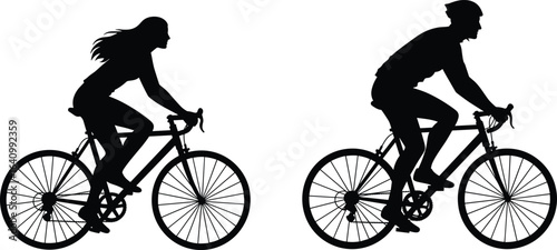 Silhouette of man and woman cycling together, outdoor fitness, healthy lifestyle, active exercise, biking, teamwork, motion, transportation, recreation, adventure, health.