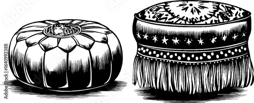 Engraved illustration of bohemian pouf and macrame set for interior decor design