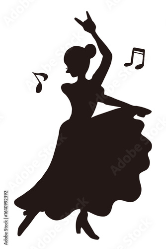 フラメンコを踊る女性のシルエットイラスト。白背景にベクターイラスト。