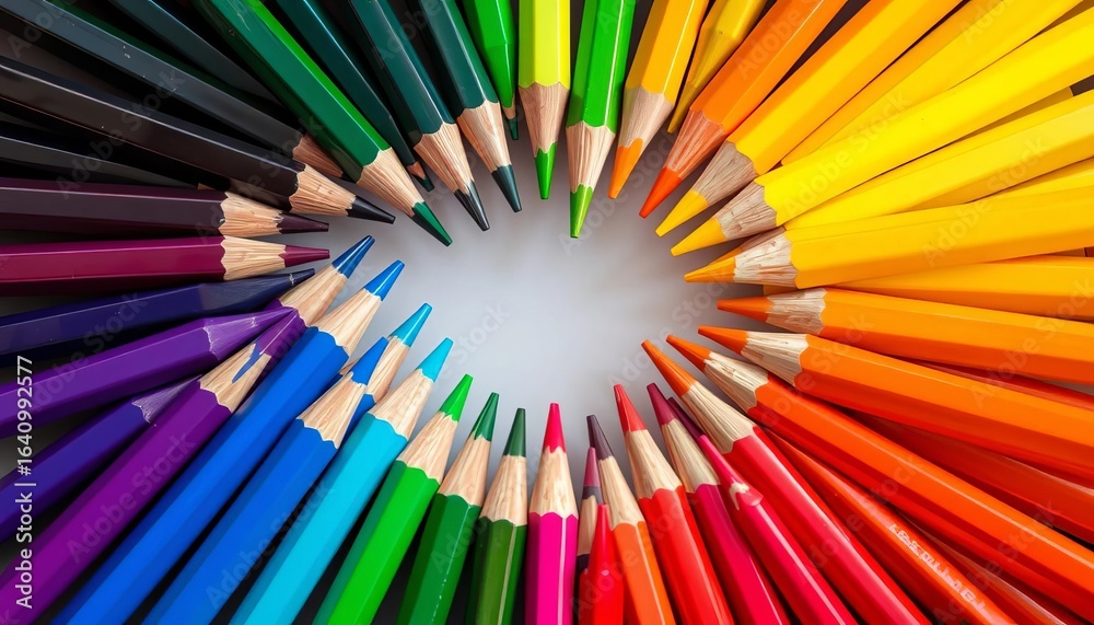 Circular gradient of colored pencils in natural light, vibrant hues, illustration, desk Circular gradient of colored pencils in natural light, vibrant hues, illustration, desk