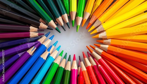 Circular gradient of colored pencils in natural light, vibrant hues,   illustration,  desk