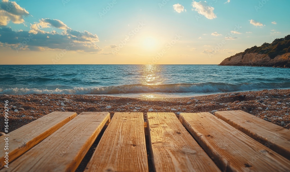Fototapeta premium wooden table on the beach with the water beside it, capturing the essence of beachside relaxation. The image invites a connection with nature in a minimalist, photo-realistic style, Generative AI
