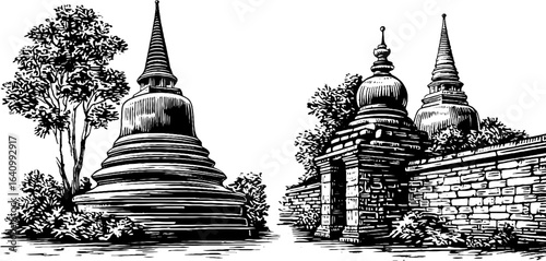 Engraved illustration of buddhist stupa and gate with trees for spiritual and cultural design