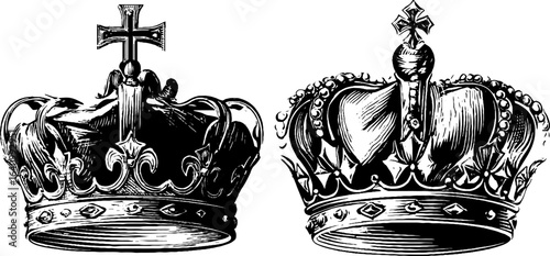 Byzantine crown set with cross design - engraved hand drawn art for historical decor