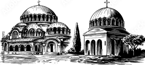 Engraved illustration set of byzantine domes and architecture for design