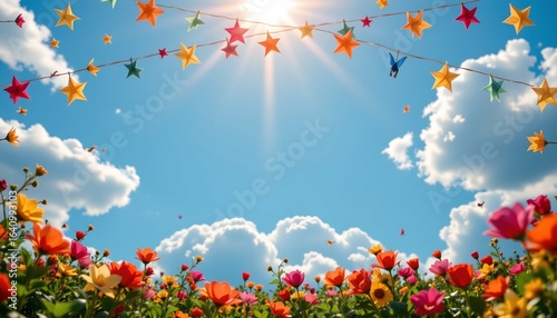 star banner and blue sky, summer party, no people, no text, no logo