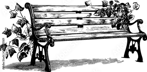 Engraved illustration of vintage cast iron bench with decorative vine elements