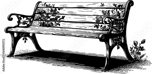 Vintage engraved illustration of cast iron bench with decorative floral elements