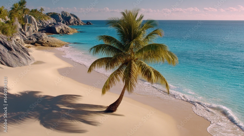 Obraz premium Serene Tropical Beach with Palm Tree, Crystal Clear Water and Soft White Sand Under Bright Blue Sky