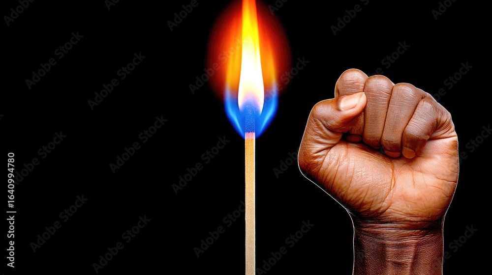 Fototapeta premium Powerful fist holding a matchstick with a vibrant flame symbolizing strength and determination against darkness