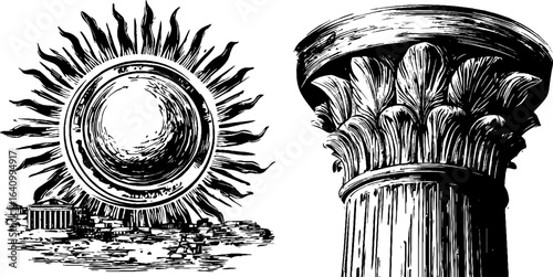 Engraved illustration of egyptian column capitals and sunburst design for art prints
