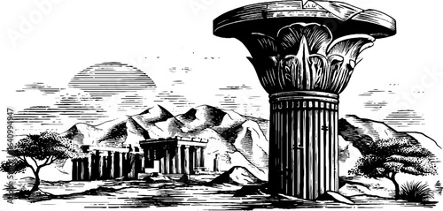 Ornate egyptian column capital engraving with ancient architecture and landscape scene