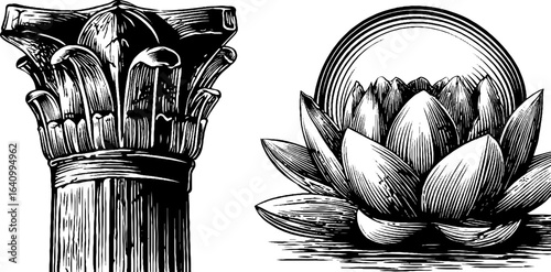 Engraved illustration of egyptian column capital and lotus flower for retro design projects
