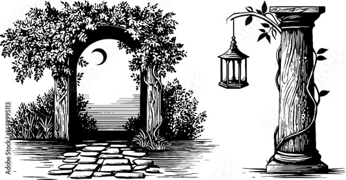 Enchanted elven archways and pergola with lantern – perfect for garden design or fantasy art