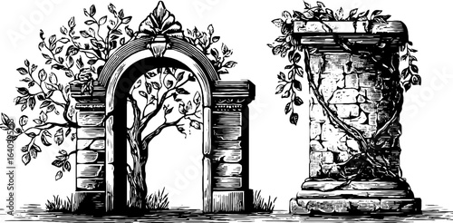Elven archway and gate engraving set - vintage hand-drawn tree and ivy design for posters and cards