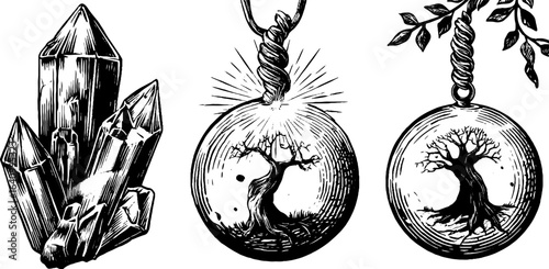 Enchanted elven crystal and tree amulet engraved illustration set for magical design use
