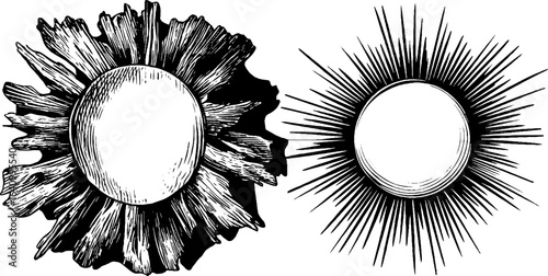 Vintage sunburst frame set – etching style hand-drawn design for creative projects