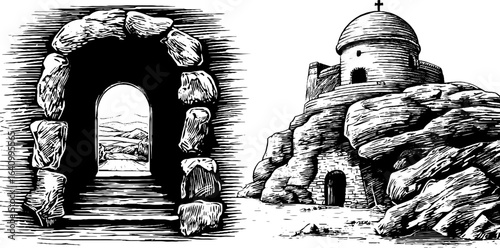 Ethiopian rock churches engraved illustration set for cultural design projects