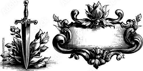 Intricate fantasy book cover design featuring ornate sword and floral embellishments