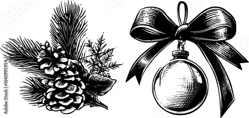 Vintage fir branch garland and ornament design for holiday decorations