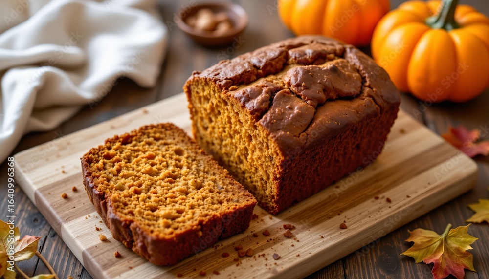 Fototapeta premium pumpkin bread on wooden cutting board, fall, no people, no text, no logo