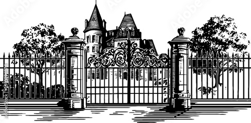 Vintage engraving set of french chateau towers with elegant gate