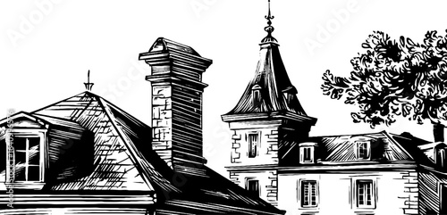Engraved illustration set of french chateau roofs featuring vintage architecture and design elements