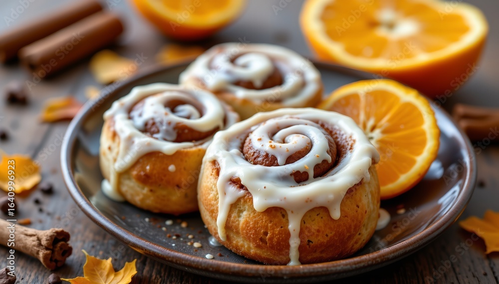 Fototapeta premium cinnamon rolls with orange glaze, fall, no people, no text, no logo