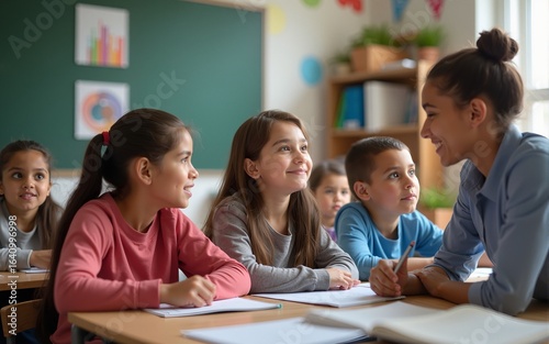 Elementary Classroom of Diverse Bright Children Listening Attentively to their Teacher Giving Lesson. Brilliant Young Kids in School Learning to Be Great Scientists, Doctors, Programmers, Astronauts