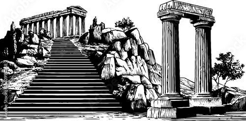 Ancient greek amphitheatre engraving set - historical architecture and landmarks for design