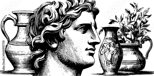Vintage engraved illustrations of greek amphorae and classical bust for retro decor