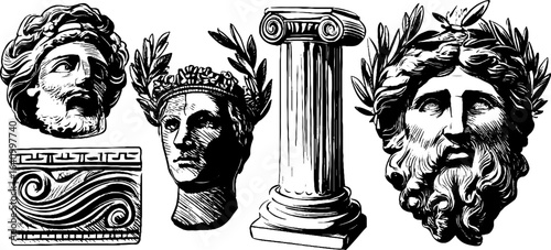 Ancient greek artifacts and key tile borders engraved illustration set for design