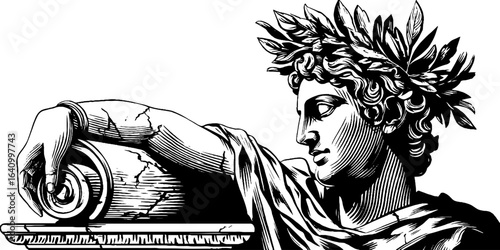 Engraved illustration of greek marble god sculpture for retro design