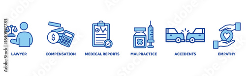 Personal Injury law icon set illustration concept with icon of lawyer, compensation, medical report, malpractice, accident, empathy 