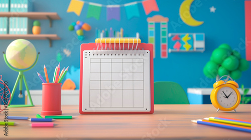 3D illustration of a desk calendar in a classroom