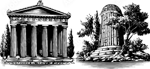 Engraved illustration set of ancient greek tholos and temple architecture