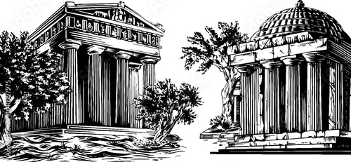Engraved illustration set of greek tholos tombs with classical architecture details