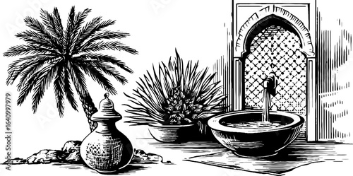 Engraved illustrations of hammam mosaic tile with oriental architectural elements for design projects