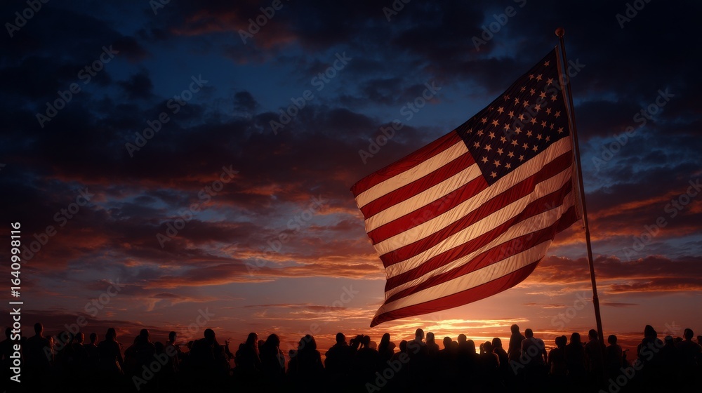 Obraz premium Breathtaking Silhouette of People Gathered Under a Majestic Flag at Sunset, Evoking Patriotism and Unity