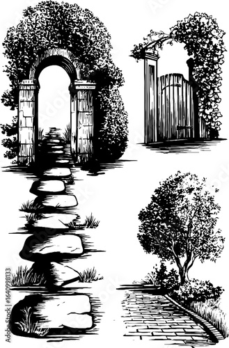 Vintage engraved illustration set of hedge arches and tree trimmings for garden design