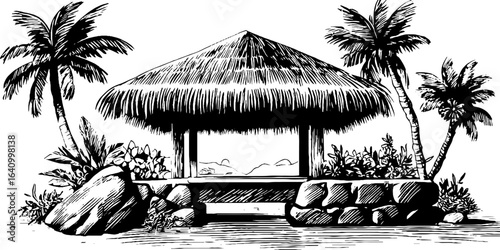 Vintage engraved illustration of hawaiian hale structure with palm trees for retro design