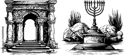 Engraved illustration set of hebrew synagogue arc with menorah for religious design and decoration