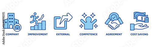 Outsourcing icon set illustration concept with icon of company, improvement, external, competence, agreement, cost saving 