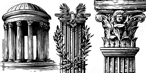 Classical roman architecture engraving set featuring domes and columns for historical design